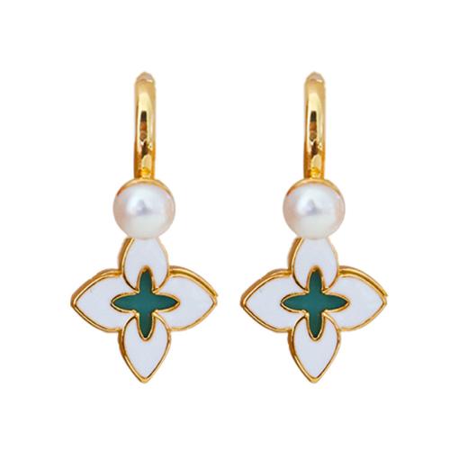 Brass Huggie Hoop Drop Earring, with Freshwater Pearl, Four Leaf Clover, gold color plated, for woman & enamel, 30mm, Sold By Pair