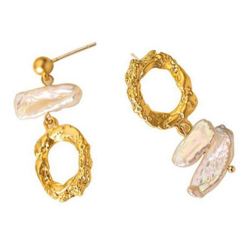 Brass Asymmetric Earrings, with Freshwater Pearl, Geometrical Pattern, plated, for woman & hollow, more colors for choice, Sold By Pair