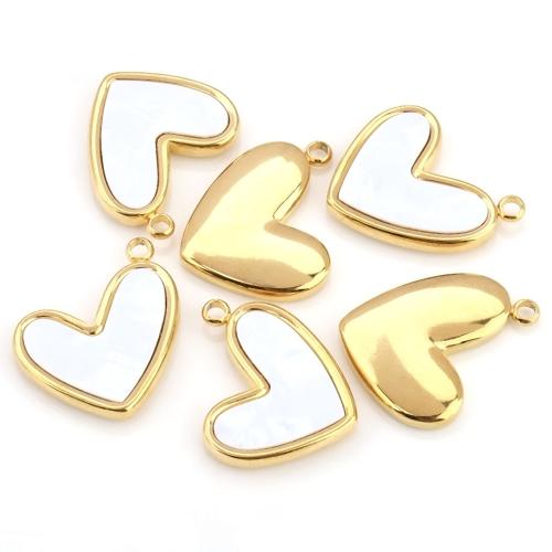 Stainless Steel Heart Pendants 304 Stainless Steel with White Shell 18K gold plated DIY golden Sold By Bag