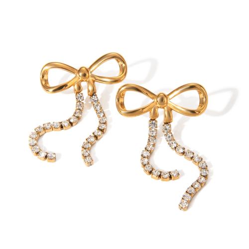 Stainless Steel Drop Earring, 304 Stainless Steel, Bowknot, 18K gold plated, fashion jewelry & for woman & with rhinestone, golden, 50x27.50mm, Sold By Pair