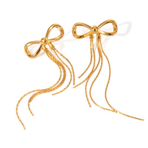 Fashion Fringe Earrings, 304 Stainless Steel, Bowknot, 18K gold plated, fashion jewelry & for woman, golden, 27x78mm, Sold By Pair