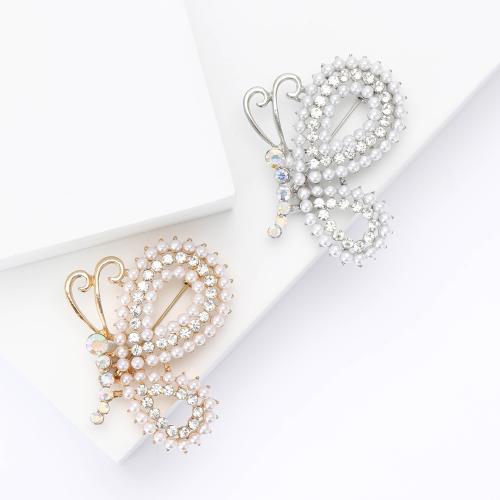 Tibetan Style Brooches, with Plastic Pearl, Butterfly, plated, for woman & with rhinestone, more colors for choice, nickel, lead & cadmium free, Sold By PC