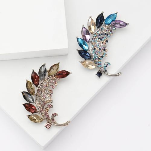 Tibetan Style Brooches, Leaf, plated, for woman & with rhinestone, more colors for choice, nickel, lead & cadmium free, Sold By PC