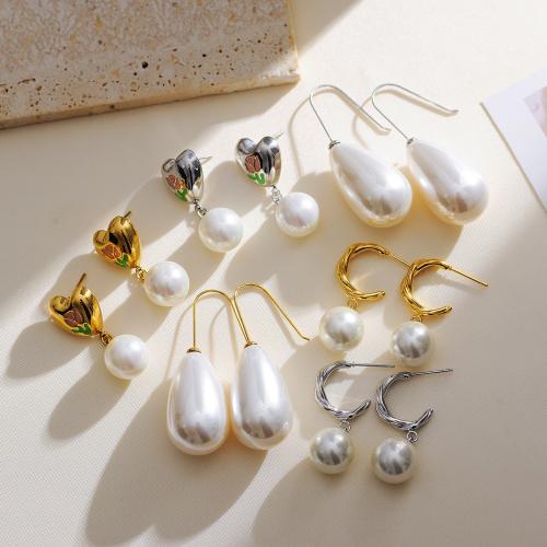Stainless Steel Drop Earring, 304 Stainless Steel, with Plastic Pearl, plated, fashion jewelry & different designs for choice & enamel, more colors for choice, Sold By Pair