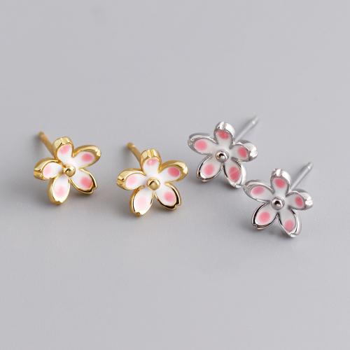 925 Sterling Silver Stud Earrings, Plum Blossom, for woman & epoxy gel, more colors for choice, 8.70mm, Sold By Pair