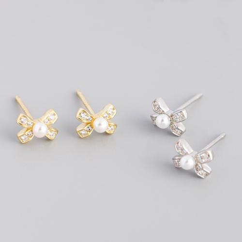 Cubic Zirconia Micro Pave Sterling Silver Earring, 925 Sterling Silver, with Plastic Pearl, micro pave cubic zirconia & for woman, more colors for choice, 5.20x7mm, Sold By Pair
