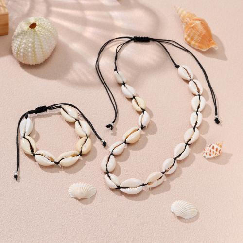 Shell Jewelry Sets bracelet & necklace with Wax Cord 2 pieces & Unisex white and black The necklace is about 40cm and the bracelet is about 16cm Sold By Set