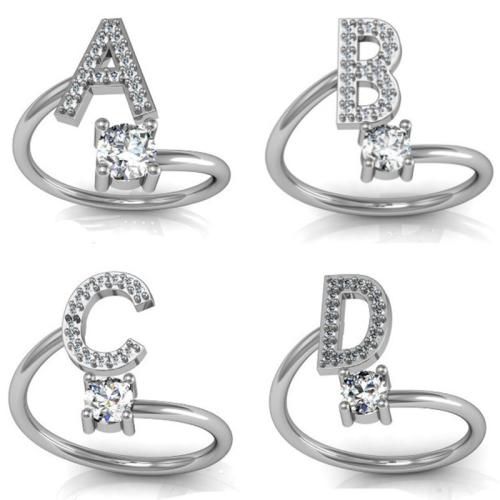 Cubique anneau en laiton Circonia Micro Pave, lettres sont de A à Z & styles différents pour le choix & pavé de micro zircon & pour femme, argent, Vendu par PC