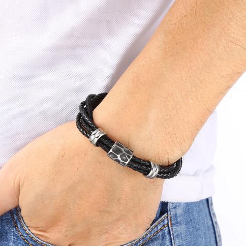 PU Leather Cord Bracelets 304 Stainless Steel with PU Leather Vacuum Ion Plating multilayer & for couple Sold By PC