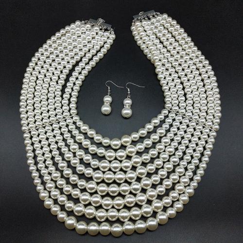 Plastic Pearl Jewelry Set, earring & necklace, with Tibetan Style, Round, handmade, 2 pieces & multilayer & for woman, Length:Approx 16-20 Inch, Sold By PC