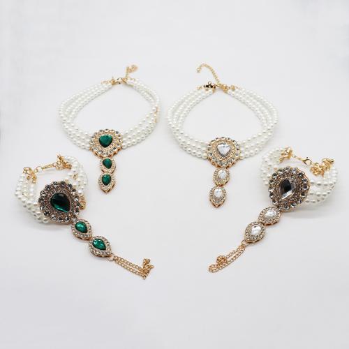 Plastic Pearl Jewelry Set with Zinc Alloy Geometrical Pattern plated multilayer & for woman & with rhinestone Sold By PC