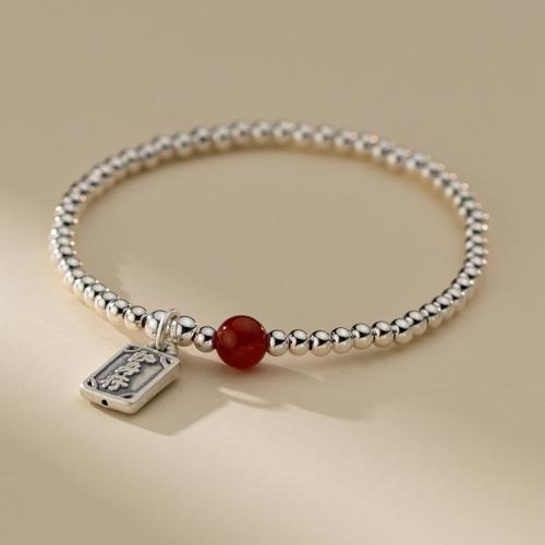 925 Sterling Silver Bangle Bracelet, with Red Agate, fashion jewelry & elastic & for woman, Length:Approx 15-24 cm, Sold By PC