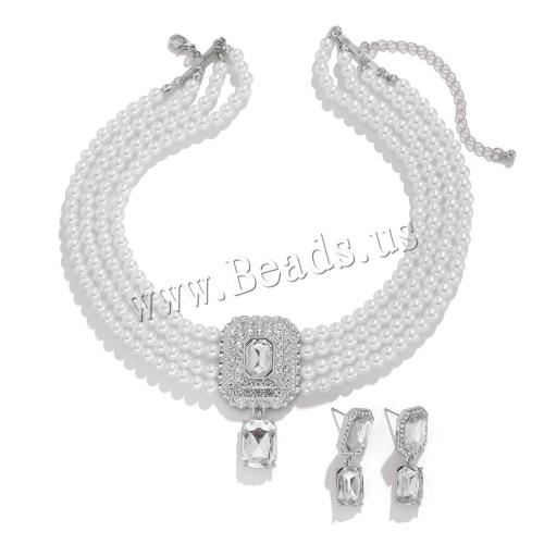 Jewelry Sets, Stud Earring & necklace, Plastic Pearl, with Tibetan Style, fashion jewelry & micro pave cubic zirconia & for woman, more colors for choice, Sold By Set