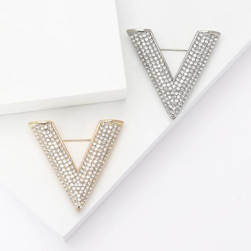 Tibetan Style Brooches, Letter V, plated, for woman & with rhinestone, more colors for choice, nickel, lead & cadmium free, Sold By PC