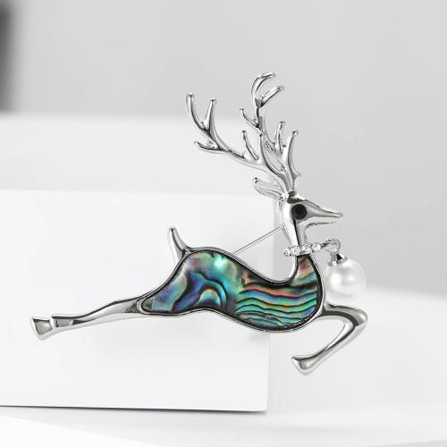 Tibetan Style Brooches, with Abalone Shell & Plastic Pearl, Deer, silver color plated, for woman & with rhinestone, green, nickel, lead & cadmium free, Sold By PC