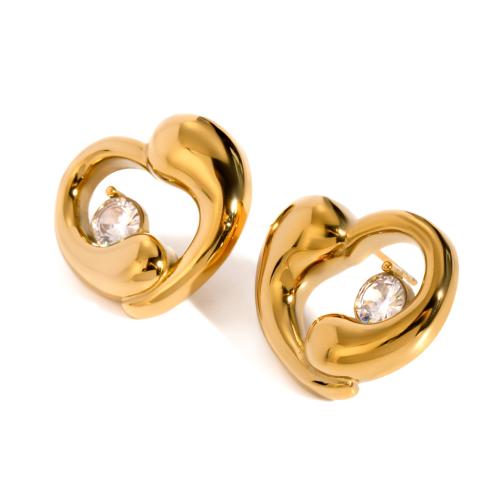 Stainless Steel Stud Earrings, 304 Stainless Steel, Heart, 18K gold plated, fashion jewelry & micro pave cubic zirconia & for woman & hollow, 19.60x22.70mm, Sold By Pair