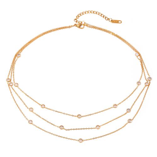 Stainless Steel Jewelry Necklace, 304 Stainless Steel, with Cubic Zirconia, 18K gold plated, three layers & fashion jewelry & for woman, Sold By PC