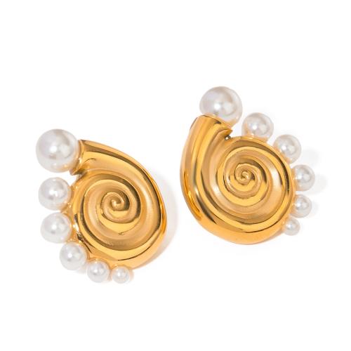 Boucle d'oreille de gaujon en acier inoxydable, Acier inoxydable 304, avec Shell Pearl, conque, Plaqué or 18K, bijoux de mode & pour femme, 29.10x24.30mm, Vendu par paire