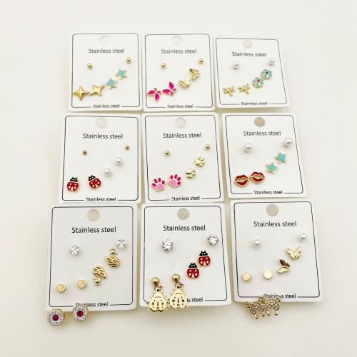 Stainless Steel Stud Earrings, 304 Stainless Steel, with Plastic Pearl, plated, different styles for choice & for woman & enamel & with rhinestone, more colors for choice, Sold By Set
