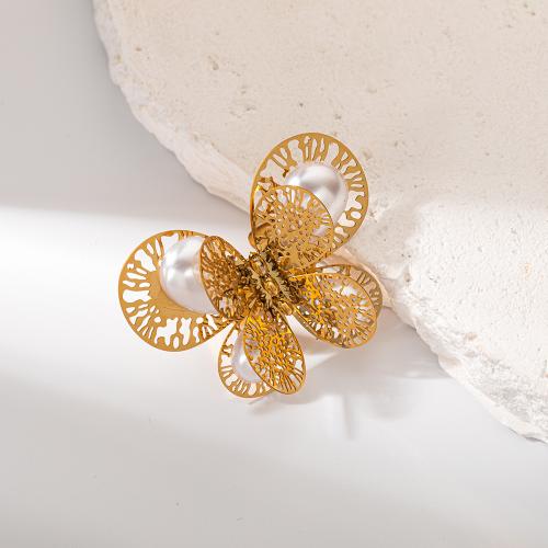 Edelstahl Ringe, 304 Edelstahl, mit Kunststoff Perlen, Schmetterling, goldfarben plattiert, für Frau & hohl, verkauft von PC