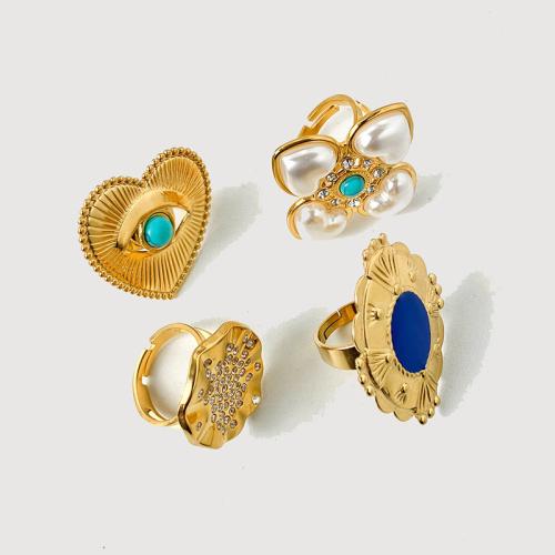 Rhinestone-Edelstahl -Finger-Ring, 304 Edelstahl, mit Türkis & Kunststoff Perlen, goldfarben plattiert, verschiedene Stile für Wahl & für Frau & Emaille & mit Strass, keine, inner diameter:17~20mm, verkauft von PC