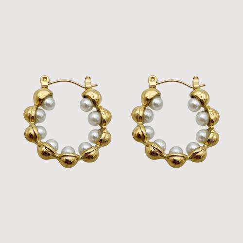 Stainless Steel Lever Back Earring, 304 Stainless Steel, with Plastic Pearl, gold color plated, for woman, Sold By PC