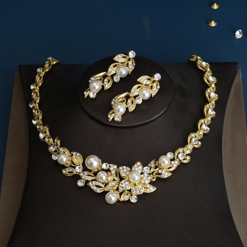 Tibetan Style Jewelry Sets, Stud Earring & necklace, with Plastic Pearl, fashion jewelry & for woman & with rhinestone, Length:Approx 48 cm, Sold By Set