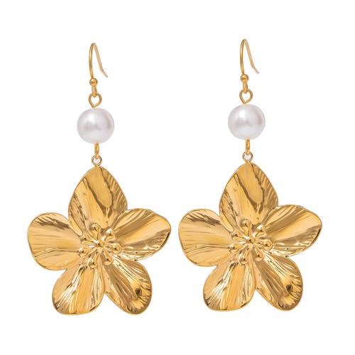 Stainless Steel Drop Earring, 304 Stainless Steel, with Glass Pearl, Flower, 18K gold plated, fashion jewelry & for woman, golden, 57.80x30mm, Sold By Pair
