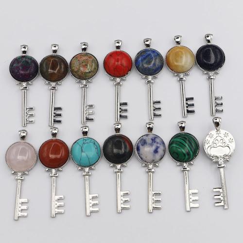 Gemstone Pendants Jewelry, Natural Stone, with Tibetan Style, Key, silver color plated, DIY & different materials for choice, more colors for choice, 62x22x8mm, Sold By PC