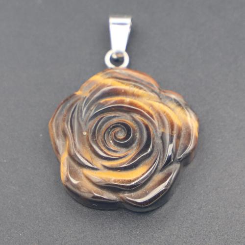 Gemstone Pendants Jewelry Natural Stone with Iron & 304 Stainless Steel Rose Carved DIY Sold By PC