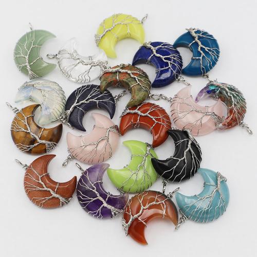 Gemstone Pendants Jewelry, Natural Stone, with Brass, Moon, silver color plated, DIY & different materials for choice, more colors for choice, 46x32x13mm, Sold By PC