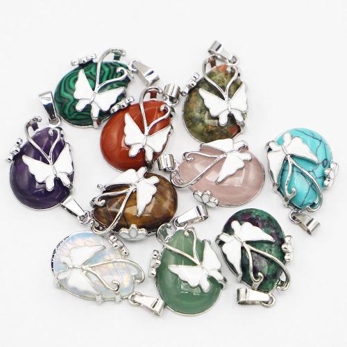 Gemstone Pendants Jewelry Natural Stone with Zinc Alloy Teardrop silver color plated DIY Random Color Sold By PC