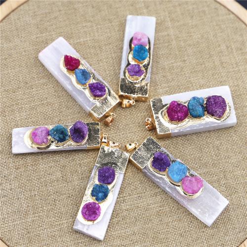 Gemstone Pendants Jewelry, Gypsum Stone, with Agate & Brass & Iron & 304 Stainless Steel, Rectangle, gold color plated, DIY, mixed colors, Length:60-45mm wide:25-15mm thick:20-10mm, Sold By PC