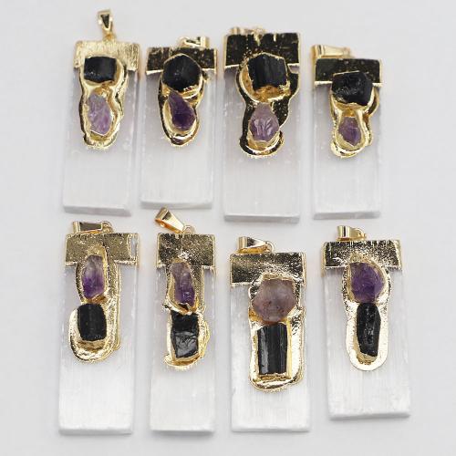 Gemstone Pendants Jewelry Gypsum Stone with Schorl & Amethyst & Brass & Iron & 304 Stainless Steel Rectangle gold color plated DIY mm mm mm Sold By PC
