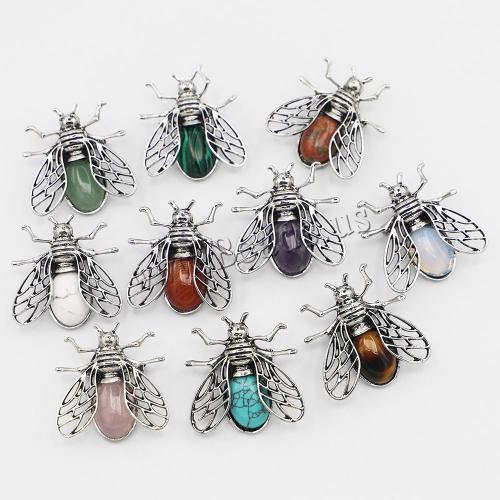 Tibetan Style Brooches, Natural Stone, with Tibetan Style, Insect, silver color plated, Unisex, Random Color, 36x38x13mm, Sold By PC