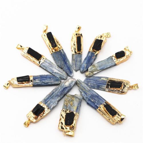 Quartz Gemstone Pendants, Kyanite, with Schorl & Brass & Iron & 304 Stainless Steel, irregular, gold color plated, DIY, Length:65-45mm wide:20-10mm thick:8-4mm, Sold By PC