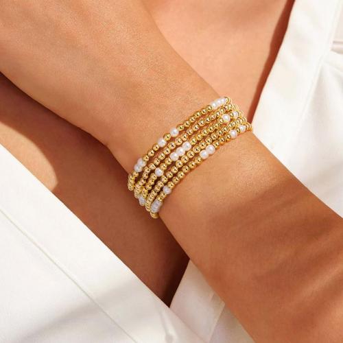 Brass Bracelet & Bangle with Plastic Pearl gold color plated multilayer & for woman nickel lead & cadmium free Sold By Set