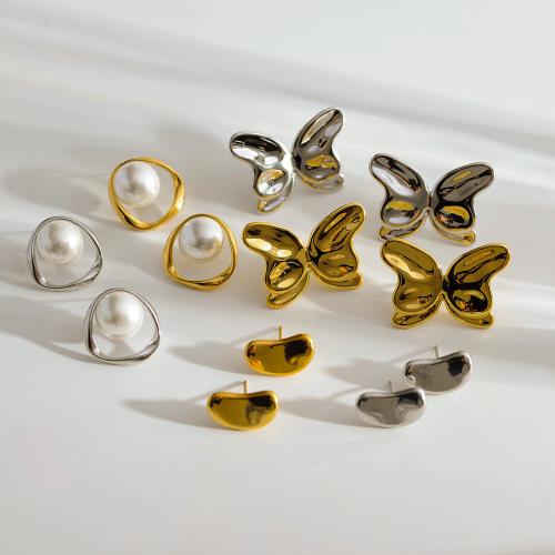 Roestvrij staal Stud Earrings, 304 roestvrij staal, met Plastic Pearl, plated, mode sieraden & verschillende ontwerpen voor de keuze, meer kleuren voor de keuze, Verkocht door pair