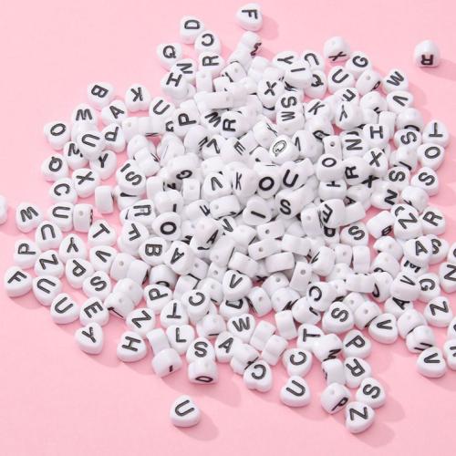 Alphabet Acrylic Beads, Heart, DIY & enamel, white, aboutuff1a4.5mm-7mm, Hole:Approx 1.3-1.5mm, 100PCs/Bag, Sold By Bag