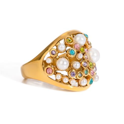 nehrđajućeg Čelik vještački dijamant Finger Ring, 304 nehrđajućeg čelika, s Plastična Pearl, modni nakit & za žene & s Rhinestone, zlato, Prodano By PC