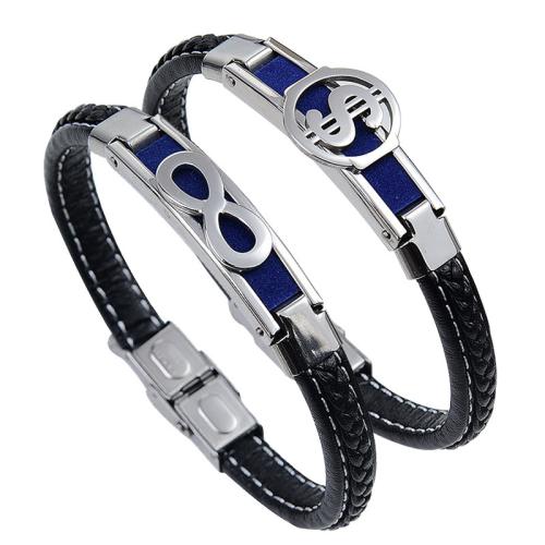 PU Leather Cord Bracelets 304 Stainless Steel with Microfiber PU plated Unisex black Length Approx 22 cm Sold By Lot