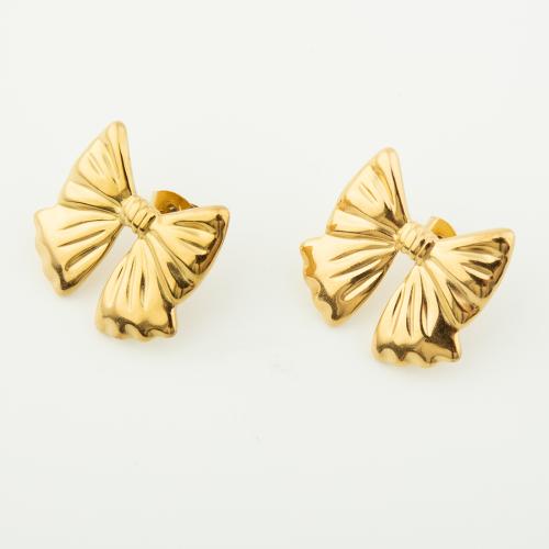 Stainless Steel Stud Earrings, 304 Stainless Steel, Bowknot, Vacuum Ion Plating, for woman, golden, Sold By Pair