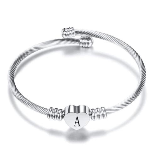 Stainless Steel Bangle, 304 Stainless Steel, polished, letters are from A to Z & Unisex & different designs for choice, original color, Sold By PC