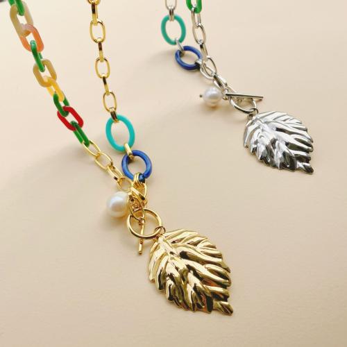 Titanium Steel Necklace with Resin Pearl & Plastic Pearl Leaf plated for woman Sold By PC