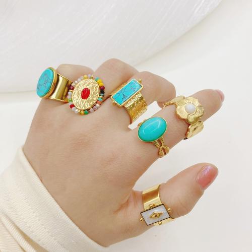 Stainless Steel Finger Ring, 304 Stainless Steel, with Pearl Oyster & turquoise & Resin, plated, different styles for choice & for woman, more colors for choice, Sold By PC