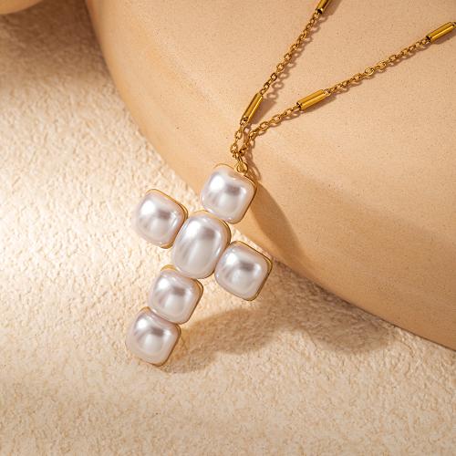 Stainless Steel Jewelry Necklace, 304 Stainless Steel, with Plastic Pearl, Cross, gold color plated, for woman, Length:40 cm, Sold By PC