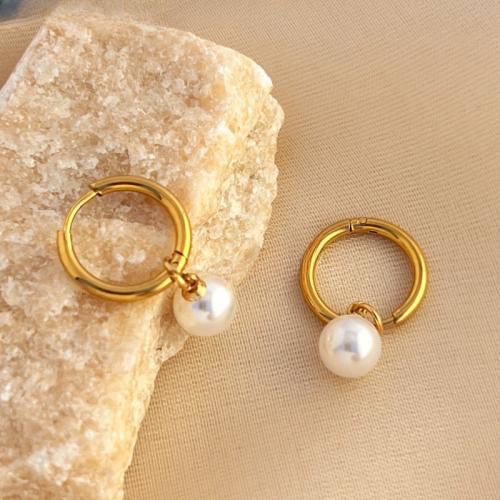 Huggie Hoop Drop Earring, 304 Stainless Steel, with Plastic Pearl, fashion jewelry & for woman, golden, Sold By Pair