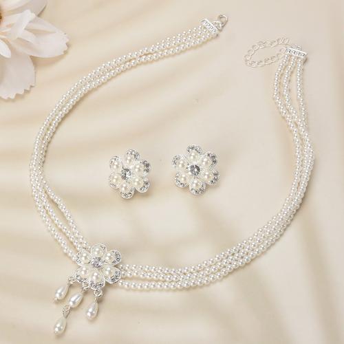 Tibetan Style Jewelry Sets, Stud Earring & necklace, with Plastic Pearl, with 5cm extender chain, fashion jewelry & for woman & with rhinestone, Length:Approx 42 cm, Sold By Set