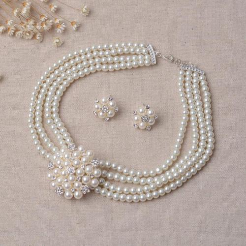 Tibetan Style Jewelry Sets, Stud Earring & necklace, with Plastic Pearl, fashion jewelry & for bridal & different styles for choice & with rhinestone, Sold By Set