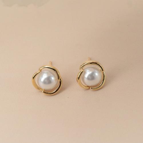 Brass Stud Earring, with Plastic Pearl, fashion jewelry & for woman, 14mm, Sold By Pair